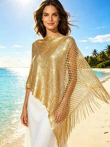 1pc Bohemian Metallic Knit Fringe Shawl, Shiny Lightweight Mesh Fringe Party Evening Cape - Gold - View 5