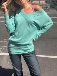 FOR BEAUTY Women's Mint Green Y2K Loose Cold Shoulder V-Neck Long Sleeve Knit Sweater, Suitable For Outings, Parties And Campus Fall - Light Blue - View 5