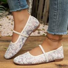 Square Toe Mesh Embroidered Floral Mary Jane Women's Flat Shoes With Elastic Strap, Low Vamp Soft Sole Casual Ballet Style - Beige - View 1