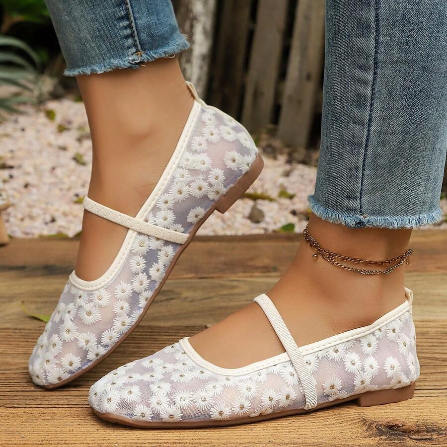 Square Toe Mesh Embroidered Floral Mary Jane Women's Flat Shoes With Elastic Strap, Low Vamp Soft Sole Casual Ballet Style - Beige - View 1