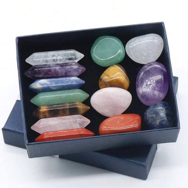 14Pcs Natural 7 Chakra Crystal Set,Double Point Crystal Wand & Tumbled Stones Gift Box,Healing Energy Gemstone Home Decor Meditation Collection Gift