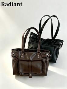 Women Tote Shoulder Bag Solid PU Leather With Metal Buckle Front Pocket Large Capacity Vintage Style For Women Daily Commute - Multicolor - View 1