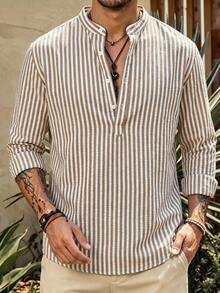 WAIT HIM Men's Casual Striped Half-Placket Long Sleeve Shirt - Khaki - View 3