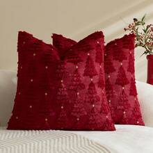 1/2pcs Burgundy Christmas Tree & Star Pillow Case (Pillow Insert Not Included), Modern Fashionable Comfortable Soft Faux Rabbit Fur Fabric Embroidered Pillow Case, Suitable For Daily Home Decor, Sofa, Bed, Bedroom, Living Room, Decorative Pillow Case, Daily Holiday Party Decoration, Suitable For All Seasons - Burgundy - View 18