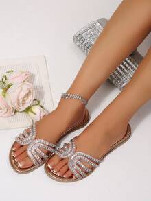Champagne Rhinestone Multi-Strap Flat Slide Sandals For Women, Summer Outdoor Wear, Slip-On Slippers, Luxury Party Vacation Beach Slides - Champagne Gold - View 4