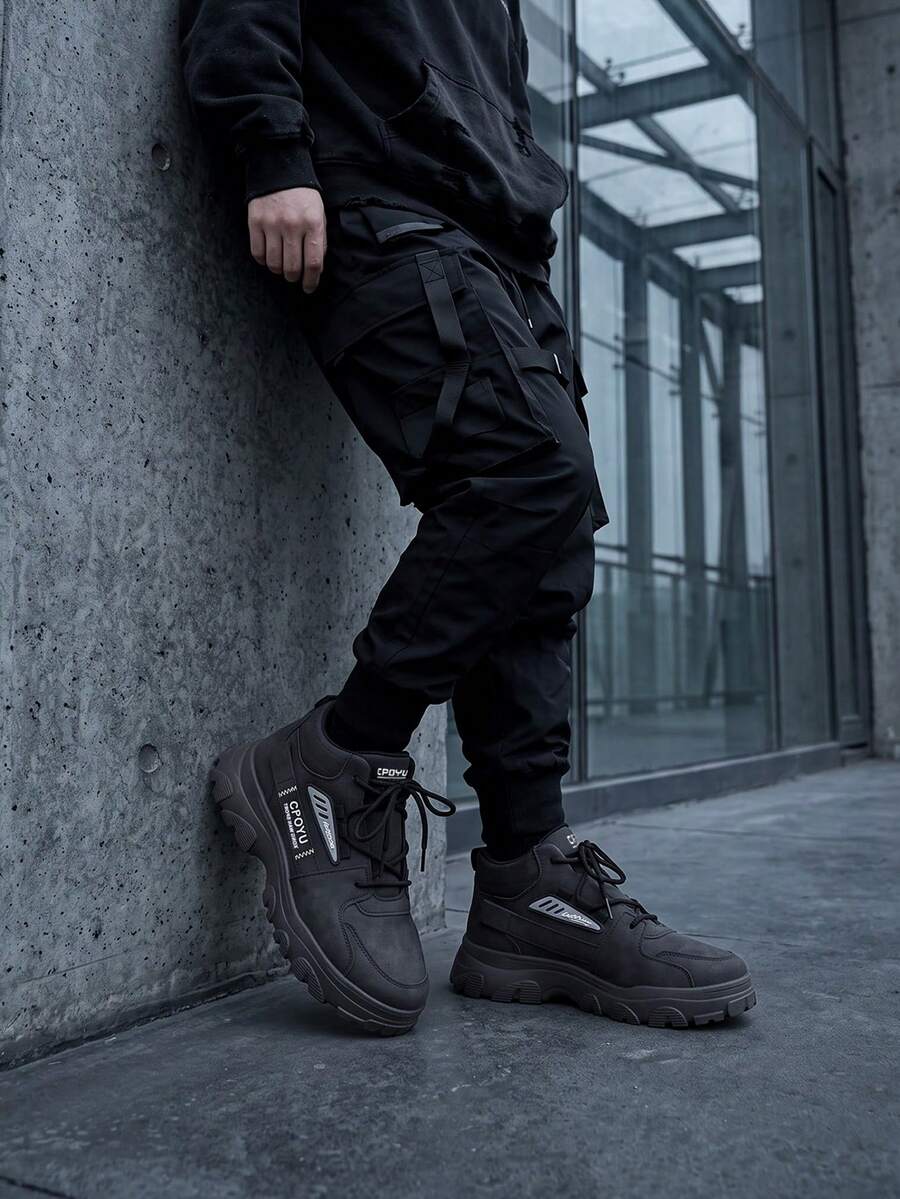 Men's Boots, High-Top Non-Slip Work Boots, Outdoor Thick-Soled Height-Increasing Hiking Boots, Autumn/Winter - Black - View 1