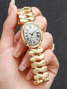 Exquisite Luxury Twisted Alloy Chain Watch, Classic Roman Numeral Oval Dial Versatile Women's Quartz Watch, Gift For Girlfriend (1pc/Set) Watch Box Not Included - Gold - View 5