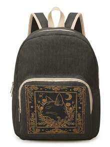 1PC Kitten‑Print Women Mini Backpack, Corduroy Girl School Bag, Travel Storage Bag, Large Capacity Foldable Lightweight Backpack, Multi‑Pocket Layered Design With Zipper Closure - Black Kitten 22483 - View 5