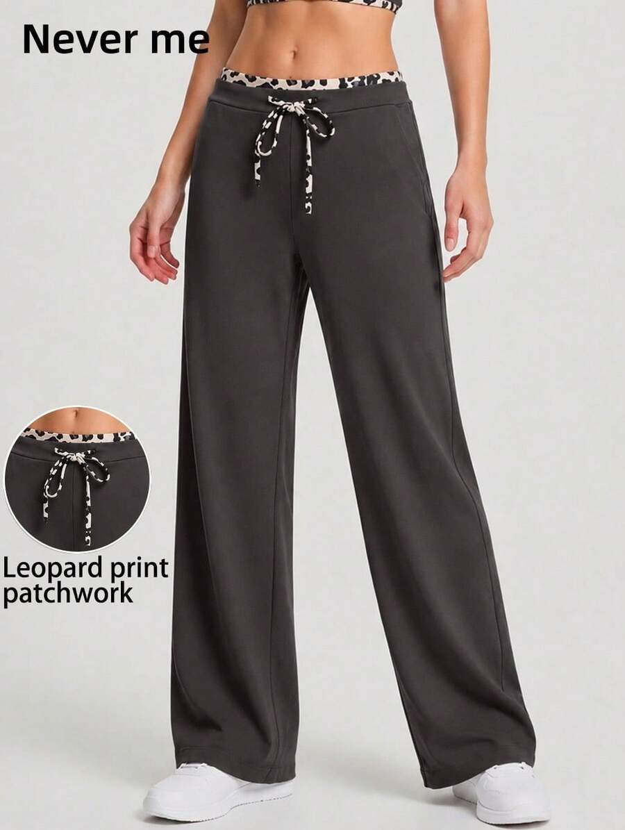 Never me Women's Leopard Print Patchwork Drawstring High Waist Wide Leg Yoga Pilates Sports Pants For Daily Commute - Grey - View 1