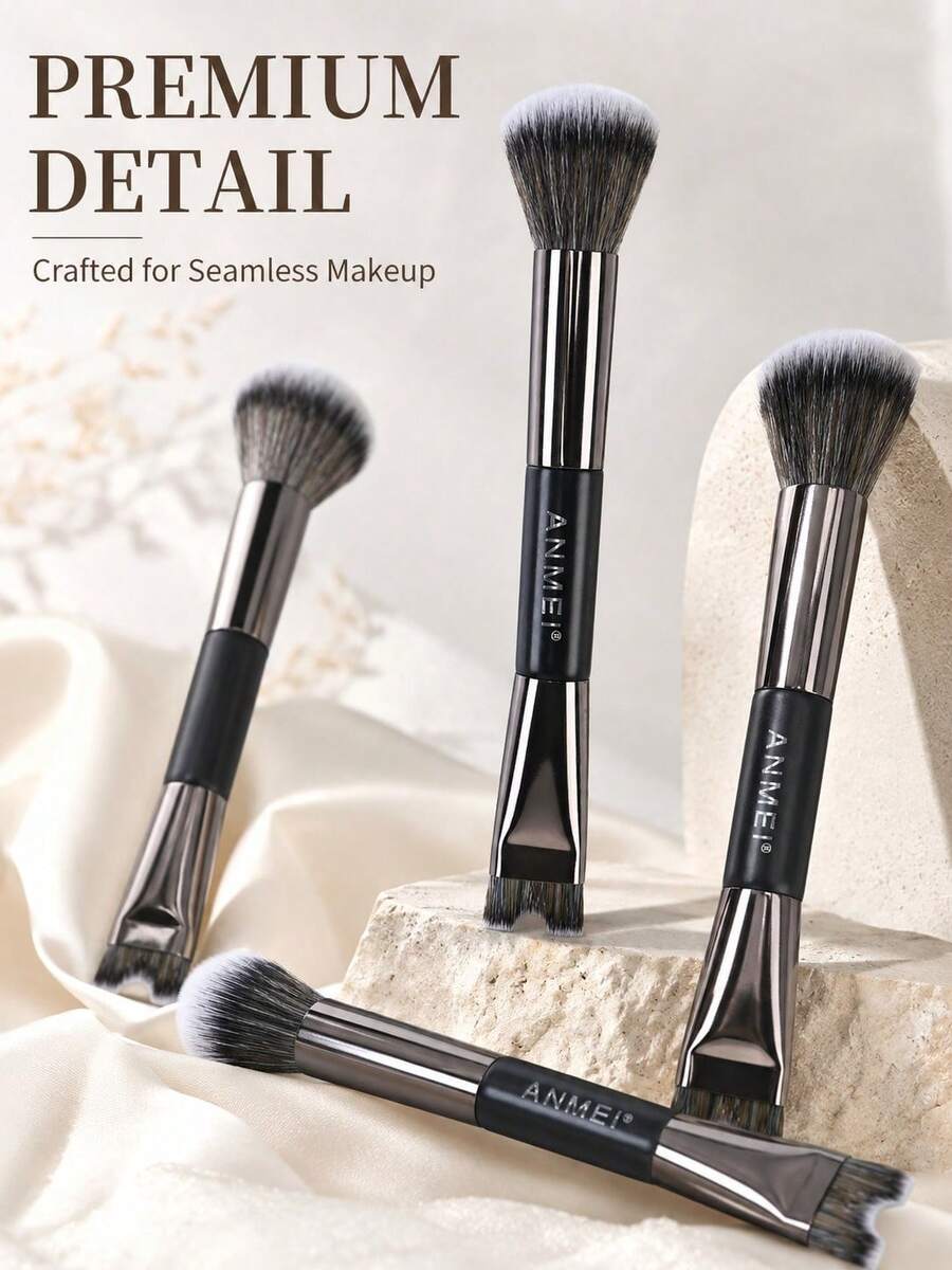 Dual-Ended Makeup Brush Set, Angled Foundation & Contour Brush, Blush, Nose Contour, Highlighter, Multi-Function Tool, Soft Synthetic Bristles, Suitable For Blending & Shaping, Home, Salon, Travel Use, Gift For Women, Girls, Makeup Enthusiasts, Valentine's Day, Mother's Day - Multicolor - View 1
