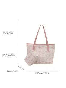 1pc Fashion Contrast Color Bow Print Shoulder Bag, Minimalist Lightweight, Multi-Pocket Design, Large Capacity, With Laptop Compartment - White - View 5