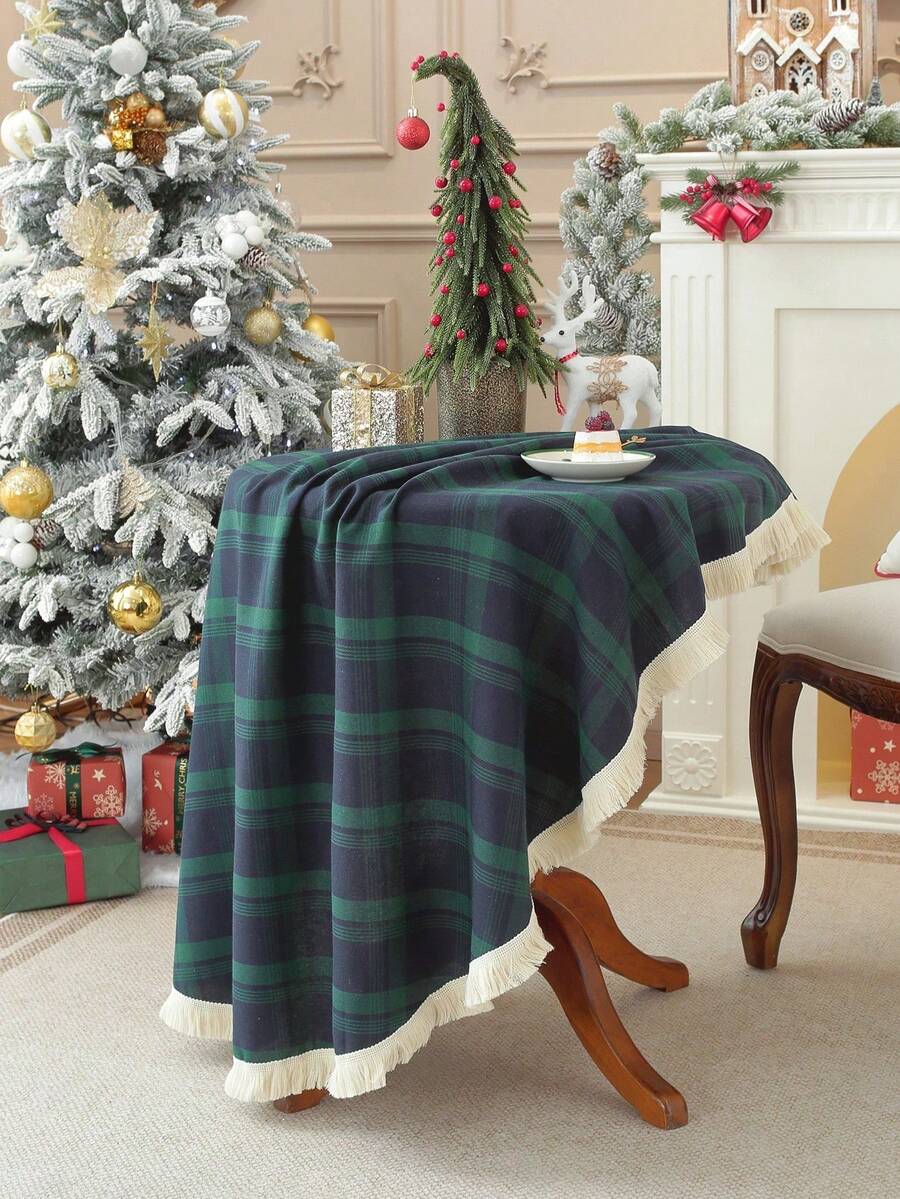 1pc Green Plaid Tablecloth With Lace Trim, Classic Nordic Style Christmas Tablecloth For Christmas Eve Party Dining Table, Coffee Table And Desktop Decoration - Green + Lace - View 1