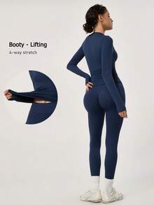 NcmRyu One Set Women's Round Neck Fitted Soft Long Sleeve High Waist Pants Gym Training Running Aerobics Yoga Pilates Workout Set - Blue - View 2