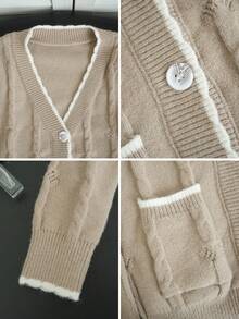2026 Preppy Cable Knit V-Neck Contrast Color Cardigan, Anti-Aging Style Knitwear, Spring/Autumn Daily Campus Commute, Stretchy Knit Fabric Slimming Cardigan For Women 18-35 Years Old - Khaki - View 8