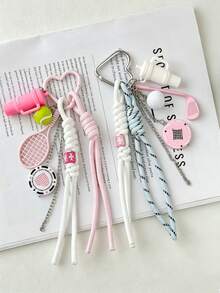 1pc,Cute Tennis Sports Bag Charm, Pink Heart Keychain With Tennis Racket & Ball, Y2K Phone & Backpack Pendant, Aesthetic Gift For Girls - Multicolor - View 5