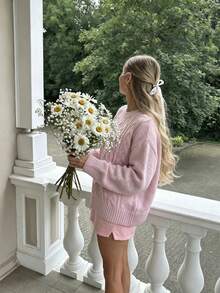 Women's Casual Fashion Autumn/Winter Fleece Cable Knit Round Neck Lantern Sleeve Loose Ribbed Regular Sweet Style Sweater - Pink - View 5