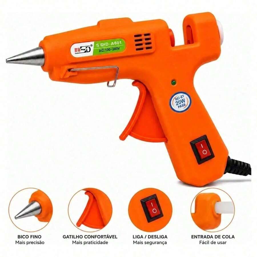 Pistola De Cola Quente Bivolt 20W Profissional Bico Fino 7mm Liga Desliga Artesanato - Laranja - Visão 1