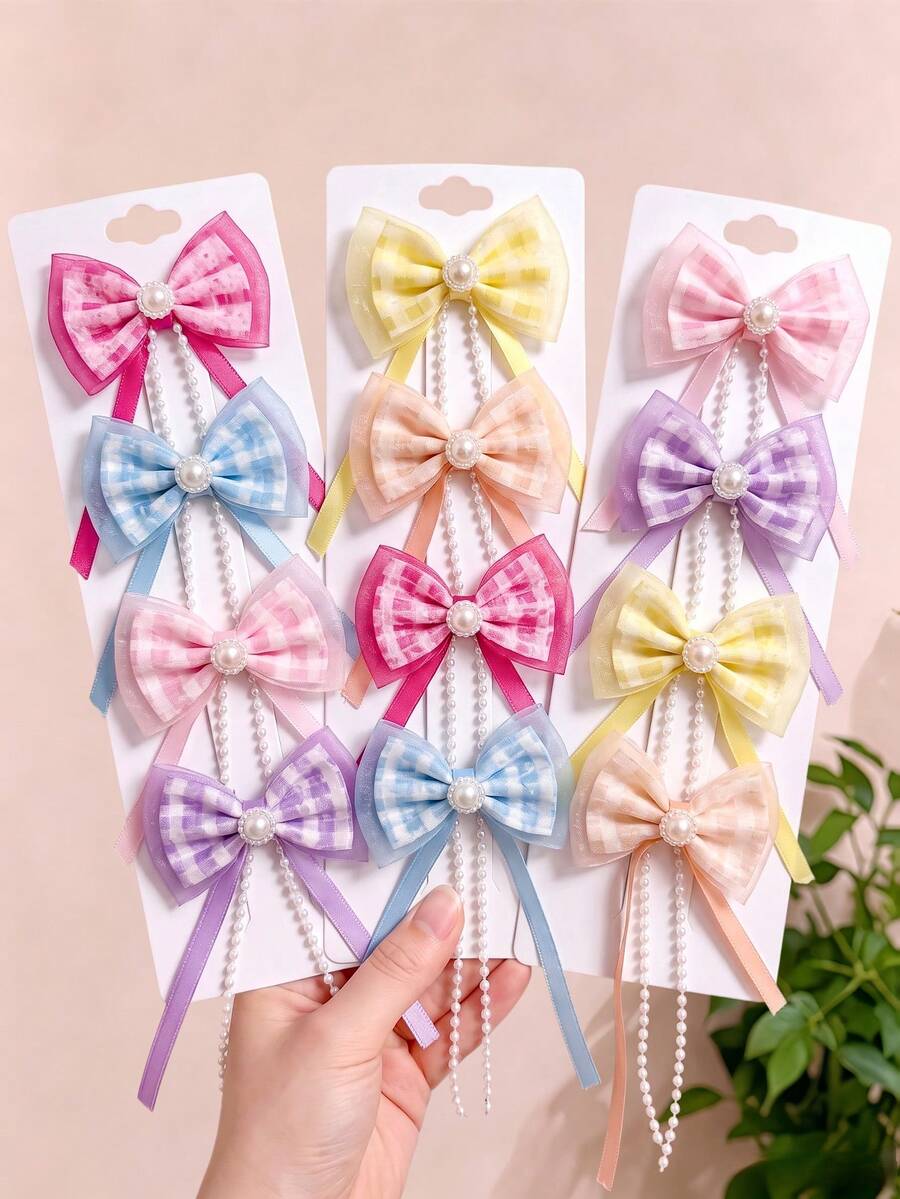 2/6/12pcs/Set Pearl Flower Tassel Ribbon Bow Hair Clips, Sweet Hair Accessories - Suitable For Girls And Women, Applicable For Daily Wear, Vacation, Date, Party - Multicolor - View 1