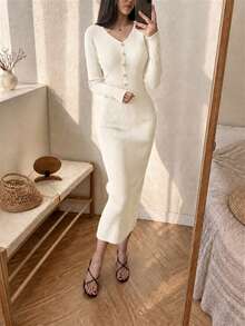 Women's Minimalist Fitted Metal Front Button Design Solid Color Sweater Dress; Autumn/Winter Elegant - White - View 3