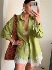 Women's Elegant 2 Pieces Set, Contrast Lace Trim Button Front Blouse, Spring/Autumn Party Outfit, Long Sleeve Shirt And Shorts - Olive Green - View 7