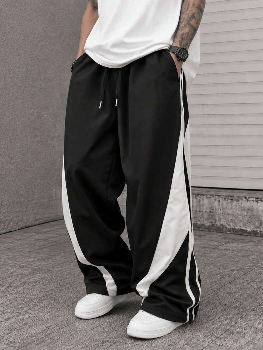 Black Side White Block Patchwork Striped Wide Leg Sports Long Pants, Elastic Drawstring Straight Leg Loose Casual Pants For Men - Black - View 1