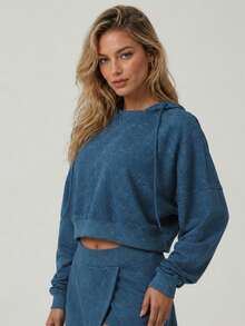 Women's Washed Blue Cropped Hooded Sweatshirt Drop Shoulder Loose Fit Drawstring Long Sleeve Daily Workout Casual Loungewear Athletic Top - Blue - View 7