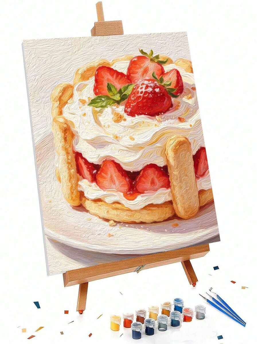 1pc Strawberry Cake DIY Number Painting, Canvas Painting DIY Handmade, Adult Home Decor, Holiday Gift