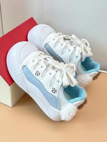 Children's Paw Print Decor Thick Sole Lace-Up Soft Bottom Anti-Slip Girls' Campus Breathable Casual Stable Shoes - Blue - View 6