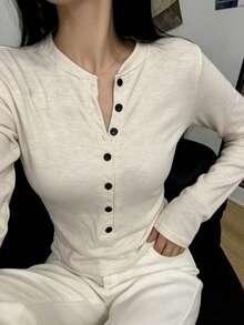 女款純色休閒長袖T恤內搭層 - 燕麥色 - 查看 5