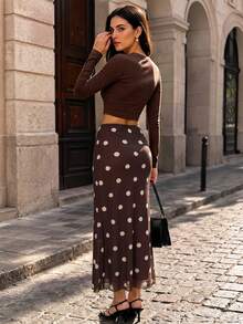 Perirose Gaun Maxi Polkadot Blok Warna Y2K Wanita Musim Semi/Panas, Gaun Pesta Berpinggang Tinggi dengan Hem Dua Lapis - Coklat - View 2