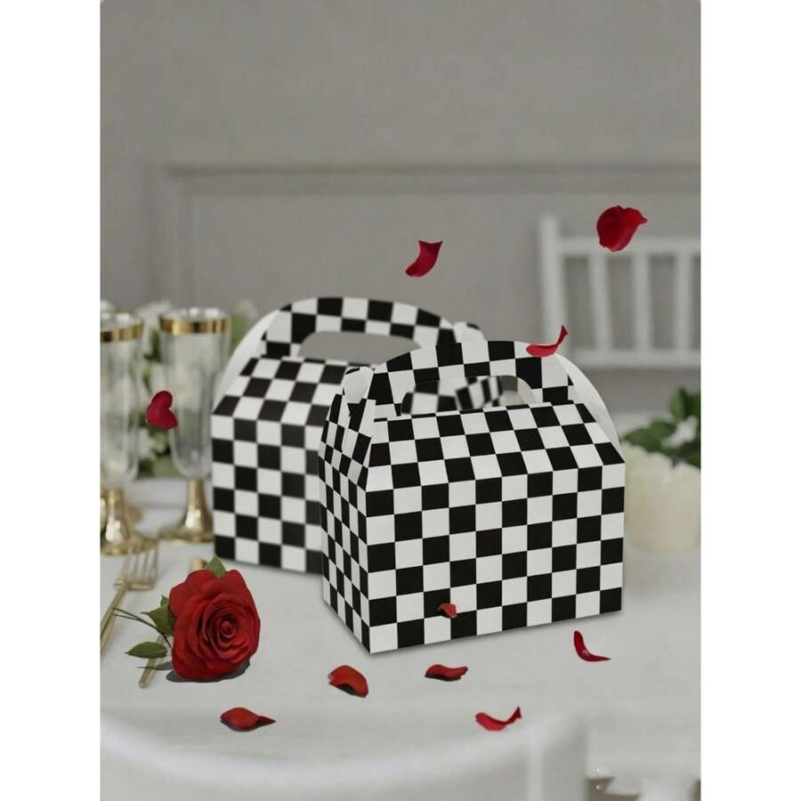 12pcs Black & White Checkered Gift Boxes, Racing Theme Party Snack Boxes, Party Favor Boxes, DIY Gift Bags, Triangle Snack Boxes With Handles, Suitable For Birthday Party Decoration, Halloween, Christmas Decoration - Multicolor - View 1
