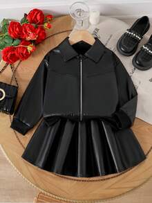 Young Girls 2pcs Set New Fashion Solid Color Minimalist Versatile Black Long Sleeve Zipper Lapel Leather Jacket And Black Knee-Length PU Leather Skirt Outfit - Black - View 1