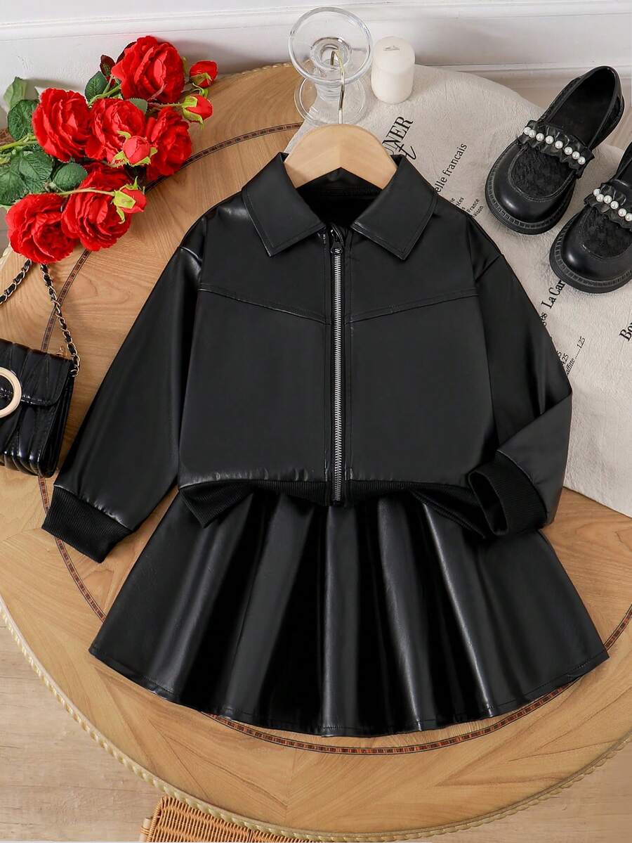 Young Girls 2pcs Set New Fashion Solid Color Minimalist Versatile Black Long Sleeve Zipper Lapel Leather Jacket And Black Knee-Length PU Leather Skirt Outfit - Black - View 1