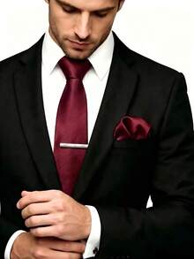 1 Set Of Pinstripe Tie, Pocket Square, Tie Clip 3 Pieces Set Suitable For Business Travel, Wedding, Banquet - Burgundy - View 2