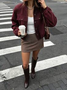 Vintage Wool Pocket Jacket Women Stand Collar Metallic Cropped Fall Winter Fashion - Wine Red - View 4