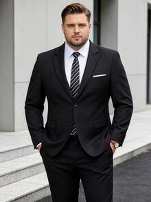 Men's Plus Size Solid Color Elegant Slim Fit Single-Breasted Blazer, Wedding Party Ball Business Formal Suit Set, Black - Black - View 8