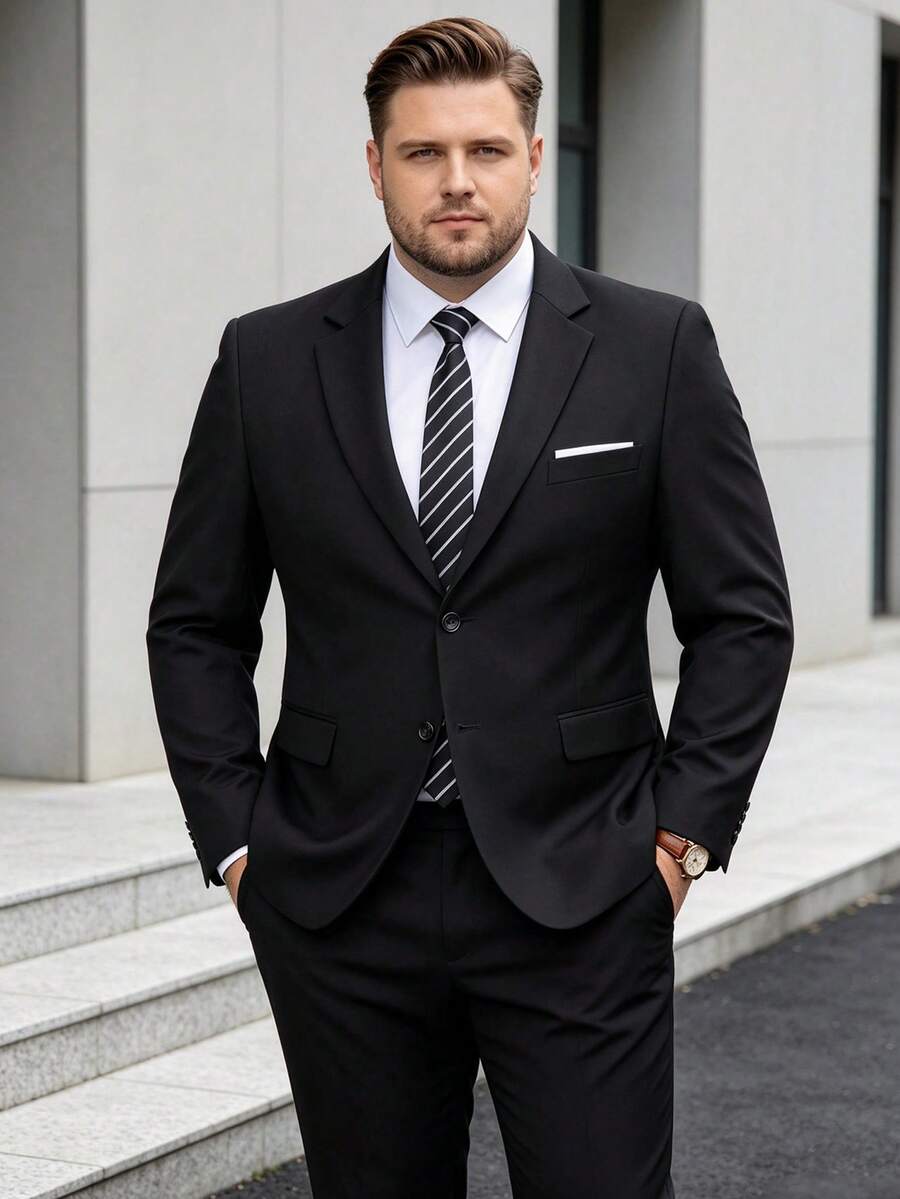 Men's Plus Size Solid Color Elegant Slim Fit Single-Breasted Blazer, Wedding Party Ball Business Formal Suit Set, Black - Black - View 1