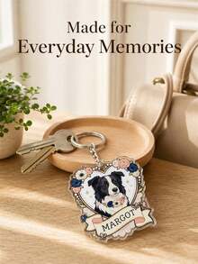 Personalized Photo Cartoon Portrait Keychain, Custom Pet Name Keepsake Bag Charm With Floral Heart Portrait, Gift For Pet Owners And Animal Lovers - Multicolor - View 2