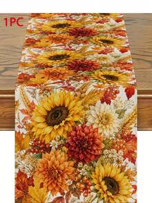 Thanksgiving Autumn Table Runner, Sunflower Dahlia Daisy Floral Pattern, Rustic Country Style, Autumn Harvest Table Decor, Maple Leaf Wheat Berry Print, Linen Texture Tablecloth, Dining Room Kitchen Home Decor - Multicolor - View 14