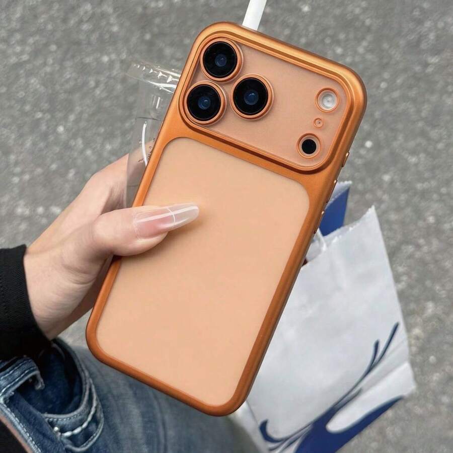 Luxury Transparent Matte Plating Phone Case Compatible With Iphone 18 Pro Max 17 16e 15 14 Plus 13 12 11 Pro,With Lens Protection,Metallic Color Frame Back Cover - Orange - View 1