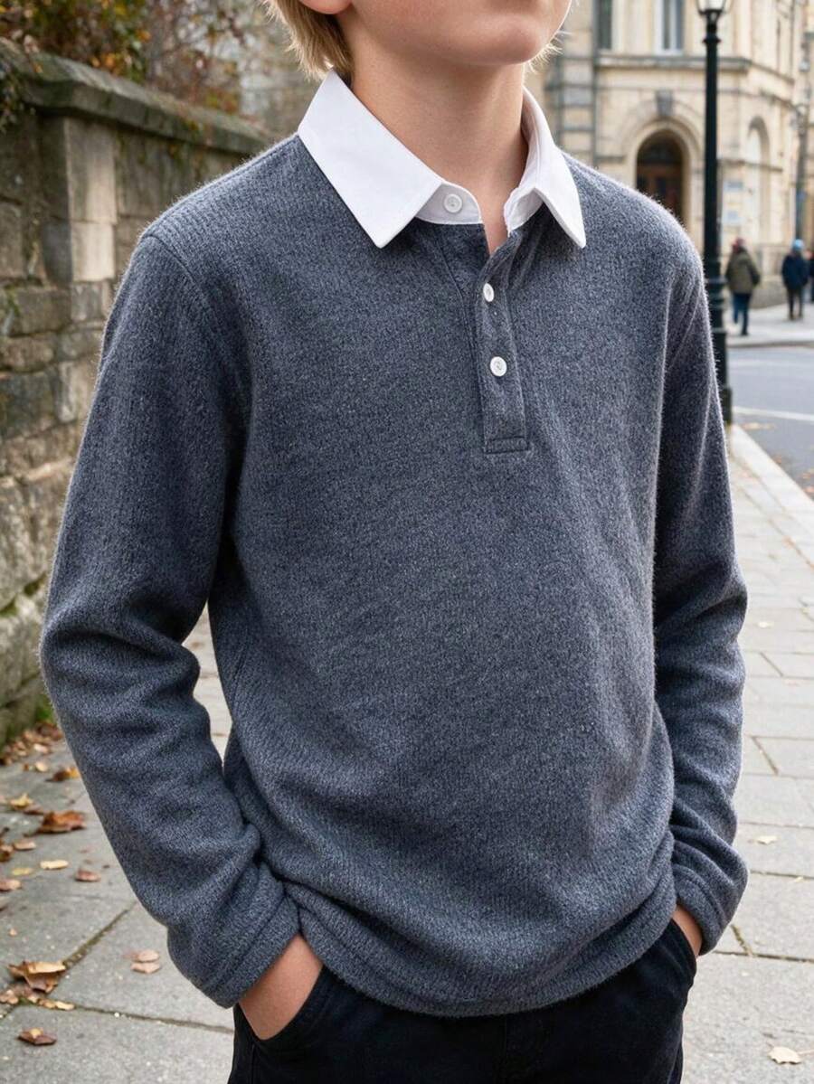 Boys' Dark Gray College Style Textured Long Sleeve Polo Shirt With White Contrast Collar Design, Suitable For Back To School, Daily Wear, Autumn/Winter - Dark Grey - View 1