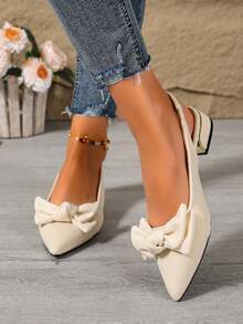Elegant Women's High Heels, Pointed Toe Chunky Heel Elastic Back Strap Dress Shoes, Suitable For Party, Wedding - Beige - View 4