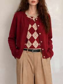 Women's Autumn Casual Minimalist Solid Color Knit 2 In 1 Pullover Cardigan - Red - View 5