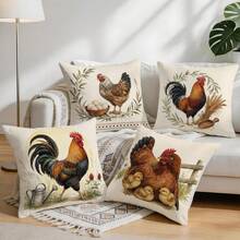 4pcs/1pc Vintage Rooster & Hen Pattern Pillow Covers, Single-Sided Printed Pillow Covers, Suitable For Living Room, Bedroom, Home Decor, All-Season Pillow Covers - Multicolor - View 8