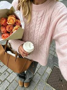 Women's Casual Fashion Autumn/Winter Fleece Cable Knit Round Neck Lantern Sleeve Loose Ribbed Regular Sweet Style Sweater - Pink - View 8