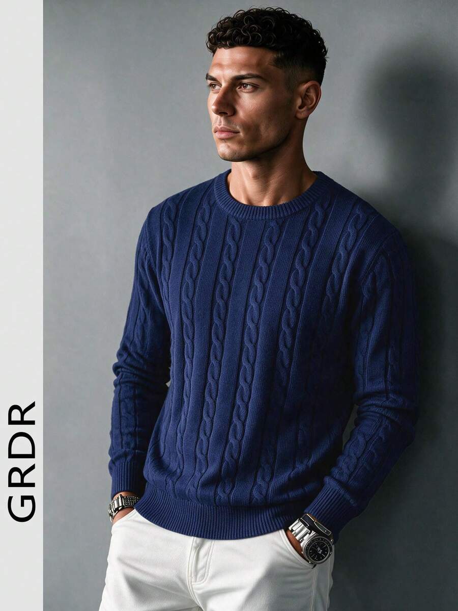 GRDR Men's Casual Twist Floral Pattern Crew Neck Long Sleeve Knit Sweater