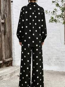 Women's Elegant Bohemian Polka Dot 2-Piece Set, Shirt Collar Button-Up Top With Wide Leg Pants, Fashion Casual Non-Stretch Outfit, Suitable For Daily Wear And Spring/Autumn - Black - View 2