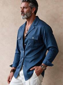 GOLDRED American Vintage Old Money Style Blue Striped Cuban Collar Shirt Men's Double Pocket Workwear Commute Casual Thin Long Sleeve Shirt - Blue - View 1