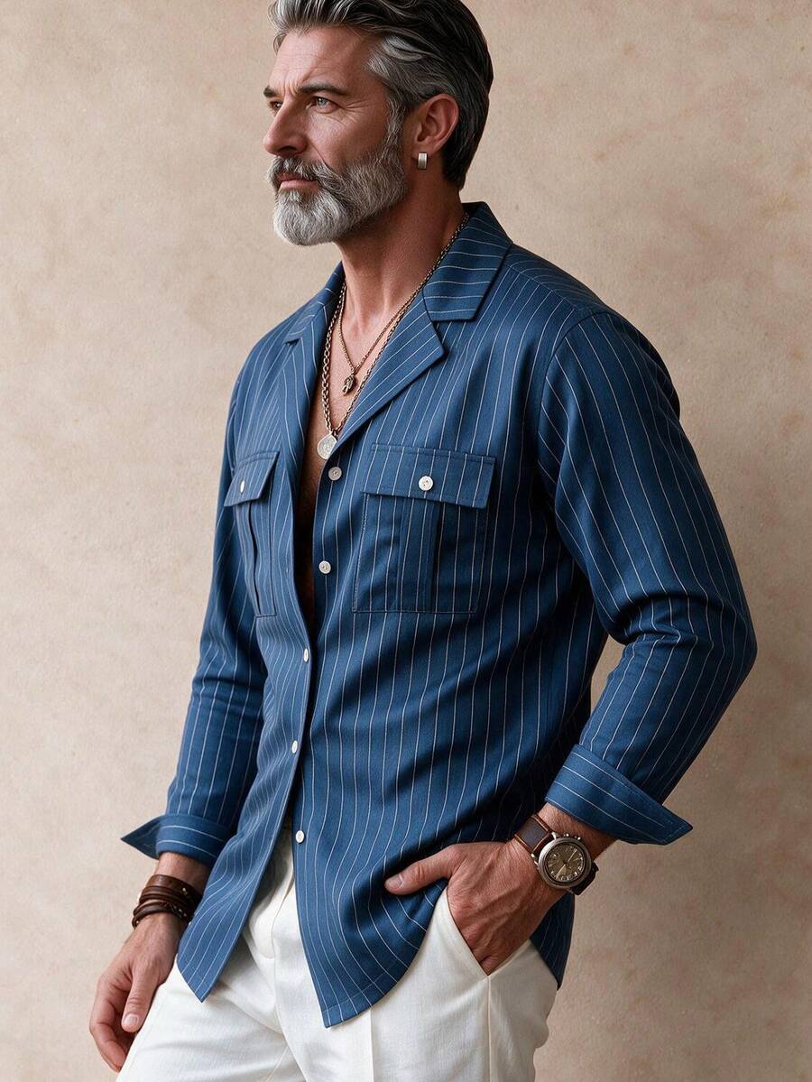 GOLDRED American Vintage Old Money Style Blue Striped Cuban Collar Shirt Men's Double Pocket Workwear Commute Casual Thin Long Sleeve Shirt - Blue - View 1