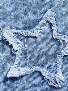 1 buah Celana Jeans Denim Minimalis Vintage untuk Remaja Perempuan, Celana Panjang Kasual Lebar Lurus dengan Motif Bintang dan Tambal Suram - Medium Wash - View 7